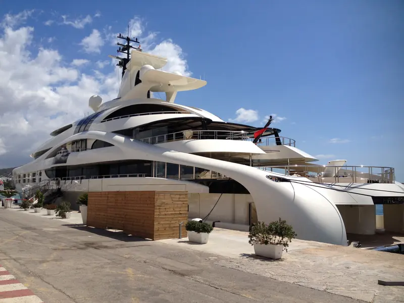 Palladium alongside in Ibiza, 2014. The yacht was later sold and renamed AV; her exterior and interior both came from Michael Leach Design's board.