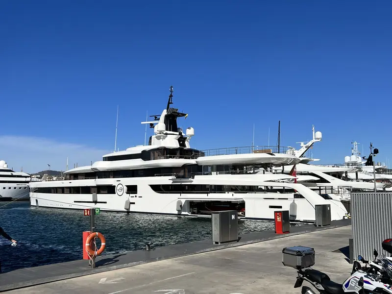 Lady S, the 93 metre Feadship delivered in 2019 with exterior design by Michael Leach Design, interior by Reymond Langton and naval architecture by De Voogt, seen here in Barcelona.