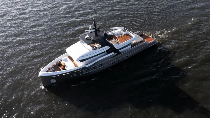 MY Ursus underway after her rebuild, the bear emblem on her superstructure a nod to the Latin name Mulder Design and Balk Shipyard carried through the 30.4-metre explorer's new exterior.