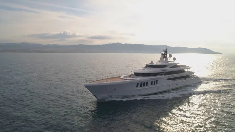 MY Spectre at dusk. Her hull is what John Staluppi told BOAT International he wanted: 'a boat that cruises 20 knots, can go places, is spacious, good and comfortable.'
