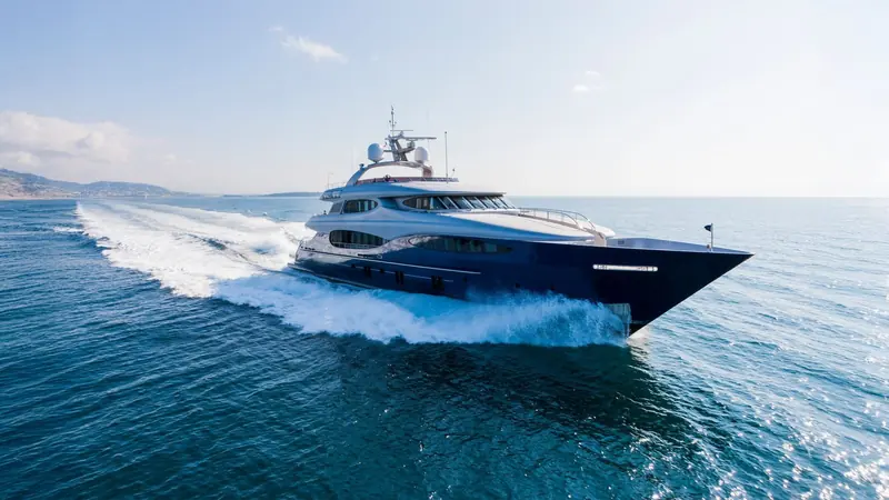 The 46-metre Vulcan running hard off the south of France, the first and largest of Vicem Yachts' Vulcan series, built in Turkey to a Mulder Design semi-displacement hard-chine hull and exterior.