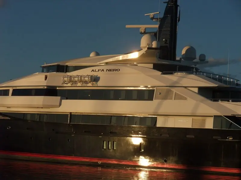 Evening light runs along the superstructure of Alfa Nero at Antibes.