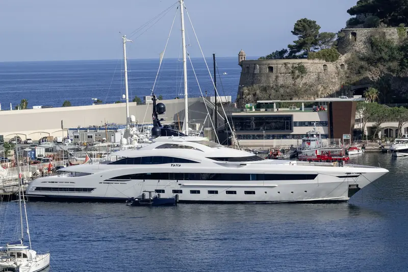 Yalla, the 73 metre CRN delivered in 2014 with an Omega Architects exterior, moored beneath the Monaco-Ville fortifications in Port Hercule.