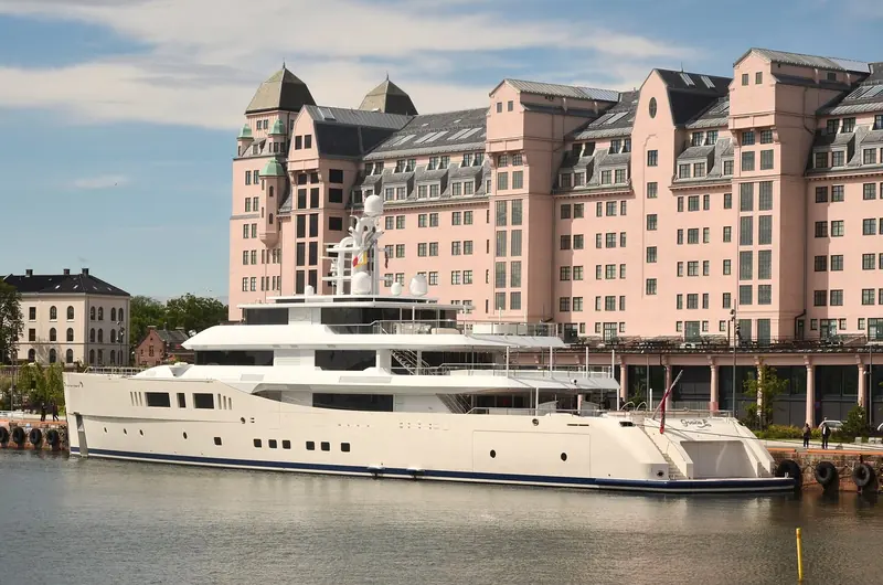 Grace E lying in Oslo harbour in 2015. Briand drew the naval architecture and the exterior of the 73 metre Picchiotti.
