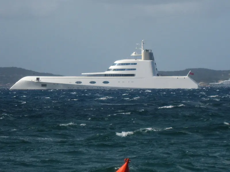 Motor Yacht A underway off Porto Cervo, Sardinia. The 119 metre Blohm+Voss yacht, delivered in 2008, was designed inside and out by Philippe Starck for Andrey Melnichenko.