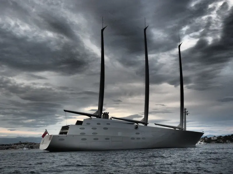 Sailing Yacht A at anchor off Antibes, France, in October 2018. At 142.81 metres she is the largest private sailing yacht ever built, with the tallest of her three carbon masts reaching close to 100 metres.
