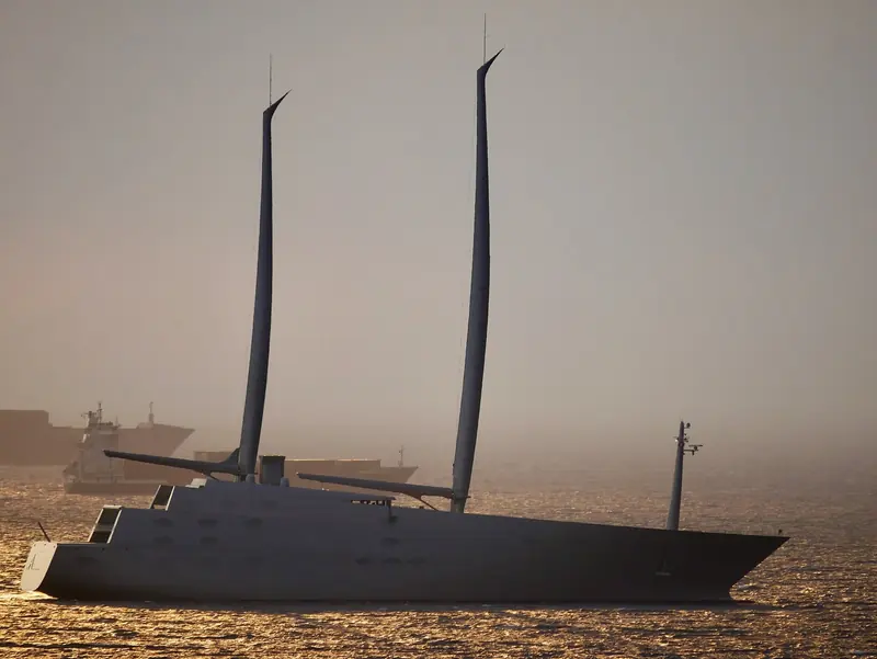 Sailing Yacht A off Trieste, Italy, in August 2022, five months after Italian authorities seized her there under EU sanctions on Andrey Melnichenko. She remains detained in the Gulf of Trieste.