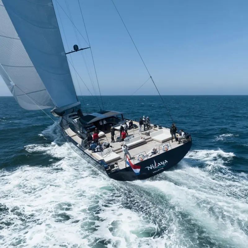 Nilaya, the 47m Reichel/Pugh-Nauta sailing superyacht built by Royal Huisman, under sail with her name and home port Valletta visible on the transom, delivered 2023.