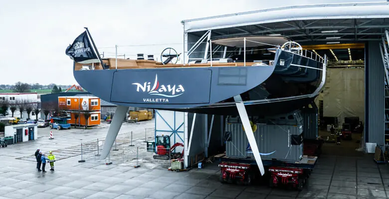 Nilaya's transom, marked Valletta, during rollout at Royal Huisman ahead of her 2023 delivery.