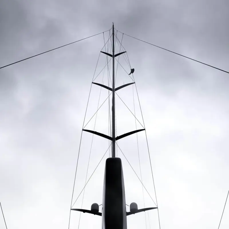 Detail of Nilaya's Rondal carbon rig and spreaders, part of the Integrated Sailing System engineered for the Reichel/Pugh hull.