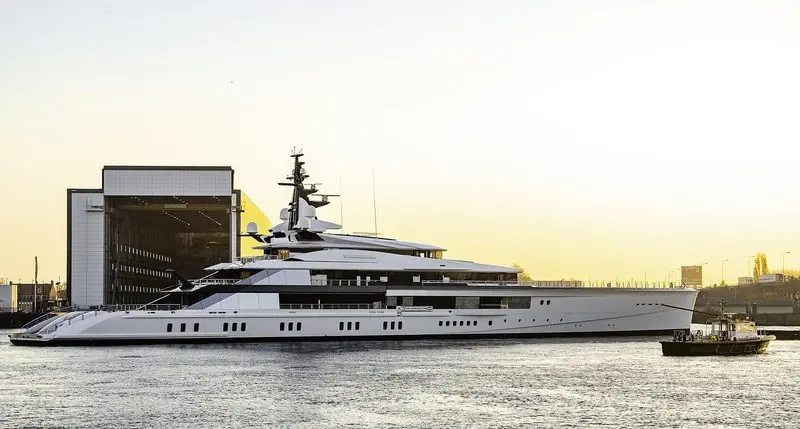 Bravo Eugenia leaves the Oceanco yard for sea trials in low golden light.