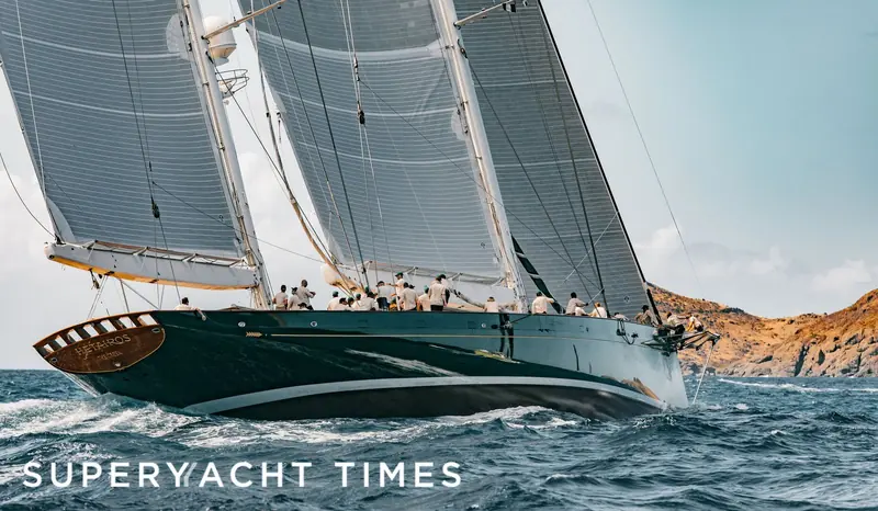 Hetairos, the 66.7 metre Baltic Yachts ketch, under full sail; naval architecture is by Reichel/Pugh and Dykstra, the interior by Rhoades Young Design.
