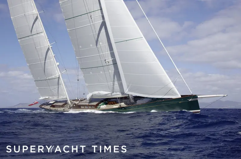Hetairos driving to windward under her twin carbon rigs, one of the largest ketch-rigged sloops built in carbon fibre when she launched in 2011.