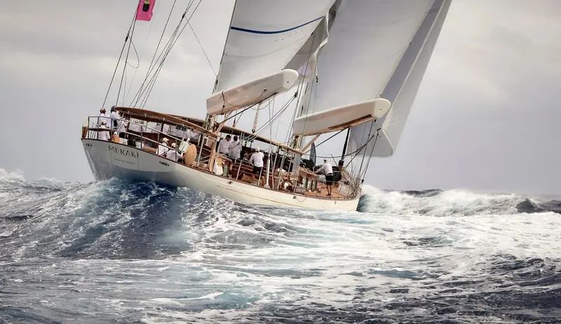 Meraki, the 49.7 metre Vitters ketch, punches through heavy water off St Barths; her interior is by Rhoades Young Design, her naval architecture and exterior by Hoek Design.