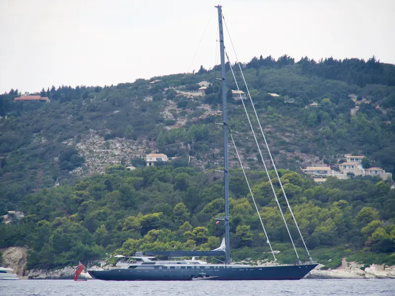 M5 (ex-Mirabella V) off Paxos, Greece, in September 2020, wearing the dark hull she carries under owner Rod Lewis, who bought her in 2011 and renamed her.
