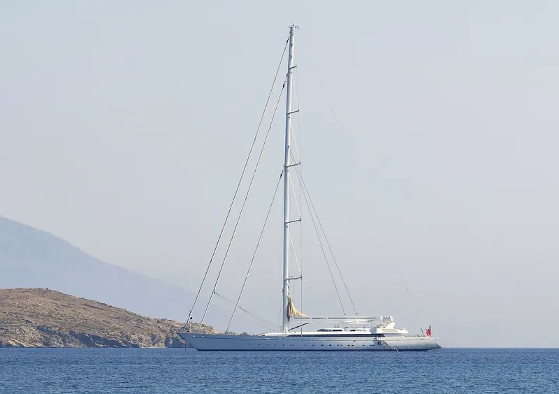 Mirabella V at anchor off Rinia in the Cyclades, Greece, in June 2008, four years after her 2004 delivery, still wearing her original name on the transom.