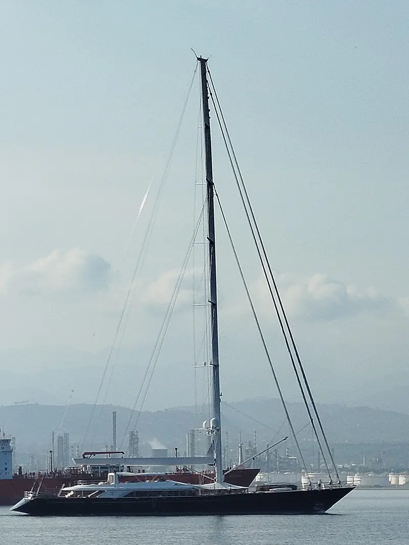 The sailing yacht Bayesian in Milazzo harbour, Sicily, on 8 August 2024, eleven days before she sank off Porticello in a storm. Built as Salute by Perini Navi in 2008 to Ron Holland's naval architecture, she was the only sloop-rigged hull in a Perini series of otherwise two-masted ketches.
