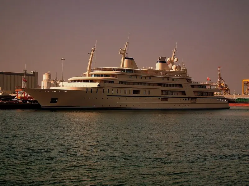 Evening light softens Al Said at her moorings at Mutrah in Oman.