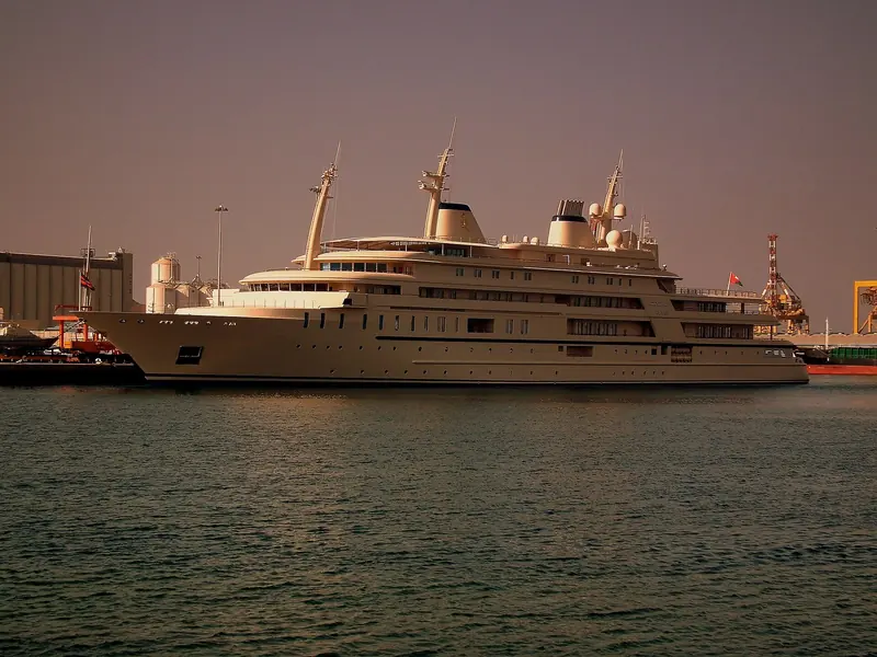 The Omani royal yacht Al Said, whose interior RWD completed, at anchor off Muscat in late sun - at 155 metres she is the second-largest yacht in the world.