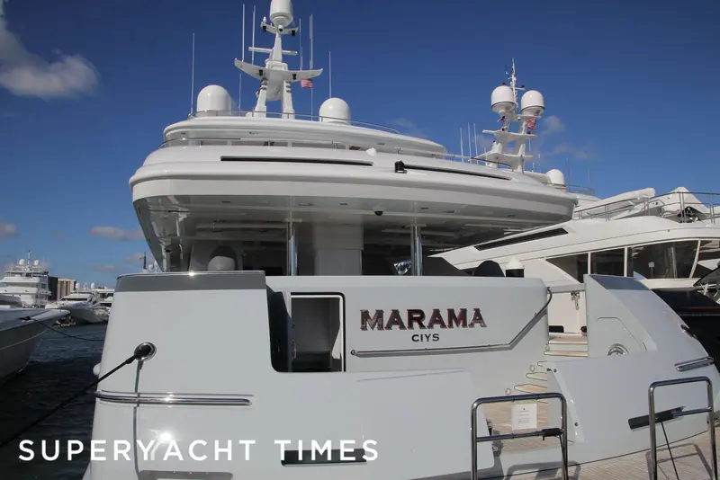 Marama's transom, her name and home port lettered above the swim platform.