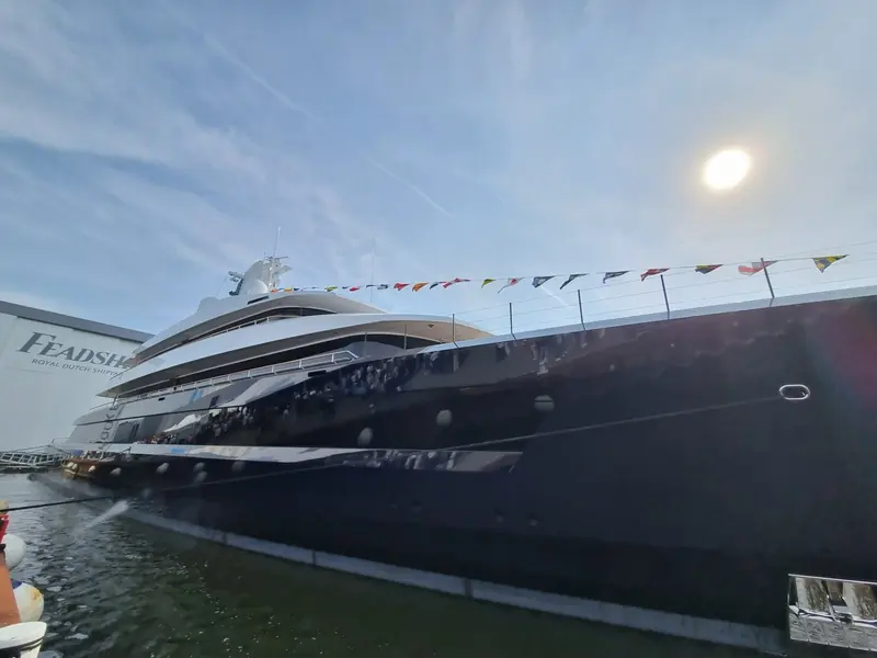 Drizzle dressed overall outside the Feadship hall on the day she was named.