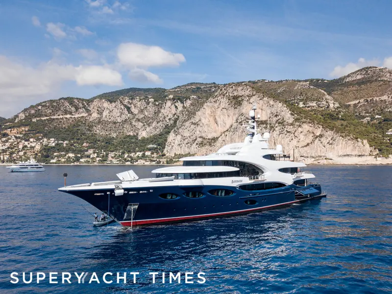 Barbara, the 88.5 metre Oceanco delivered in 2017, at anchor off Monaco. Sam Sorgiovanni is credited with both the exterior styling and the interior design.