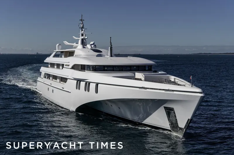 White Rabbit, the 84 metre trimaran Echo Yachts delivered from Western Australia in 2018, underway off Fremantle. Sorgiovanni drew the exterior and interior; naval architecture was by One2Three.