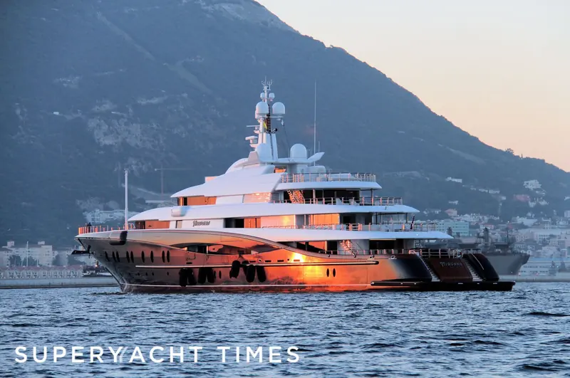 Nirvana, Oceanco's 88.5 metre delivered in 2012, at Gibraltar. Sorgiovanni's exterior and interior work on this yacht included two reptile vivariums and around 180 different onboard materials.