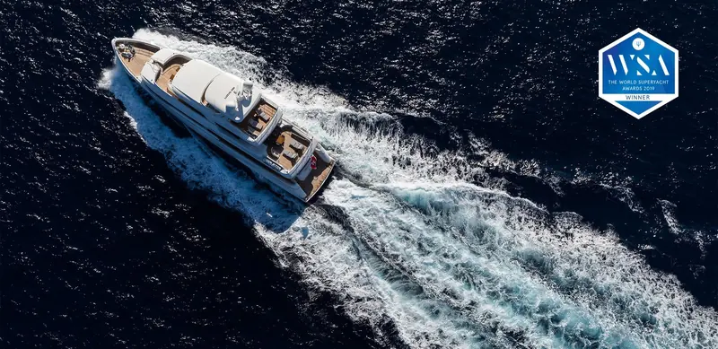 Brigadoon under way, the 36.3-metre Moonen Martinique whose interior Studio Indigo designed alongside three other named firms; she won a World Superyacht Award in 2019.