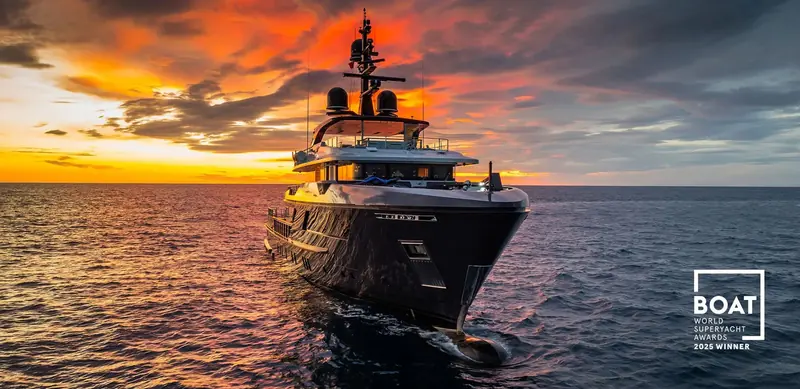 Motor Yacht M at sunset, the 47-metre Sanlorenzo whose Studio Indigo interior won the World Superyacht Awards 2025 for calm Scandinavian styling and thoughtful customisations.