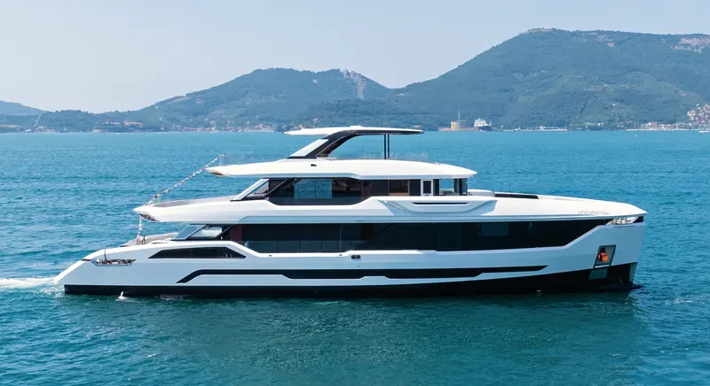 Cadet, the first Baglietto DOM115, on the water at her launch in La Spezia in July 2025, exterior by Studio Vafiadis and the design house's first hull in the DOM115 range.