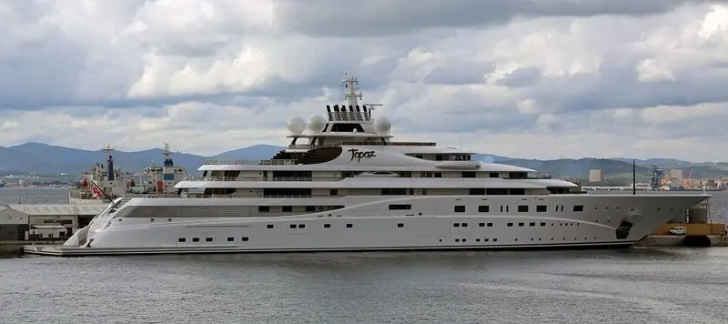 Topaz lies at the North Mole in the Port of Gibraltar with hills rising behind the bay.