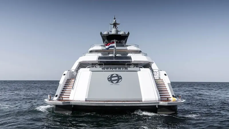 The stern of Genesis, Heesen's 80 metre delivered in 2023 as the world's largest all-aluminium motoryacht with conventional shaft propulsion, another Van Oossanen FDHF hull scaled up from Galactica Star's.