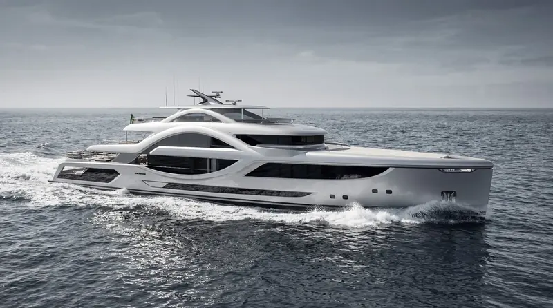 A Vripack-designed motor yacht underway, spray breaking clean off the bow - one of the few frames in the pool that is a photograph rather than the studio's own render.
