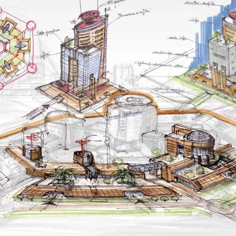 A hand-drawn concept sketch in marker lays out towers and a waterfront masterplan.