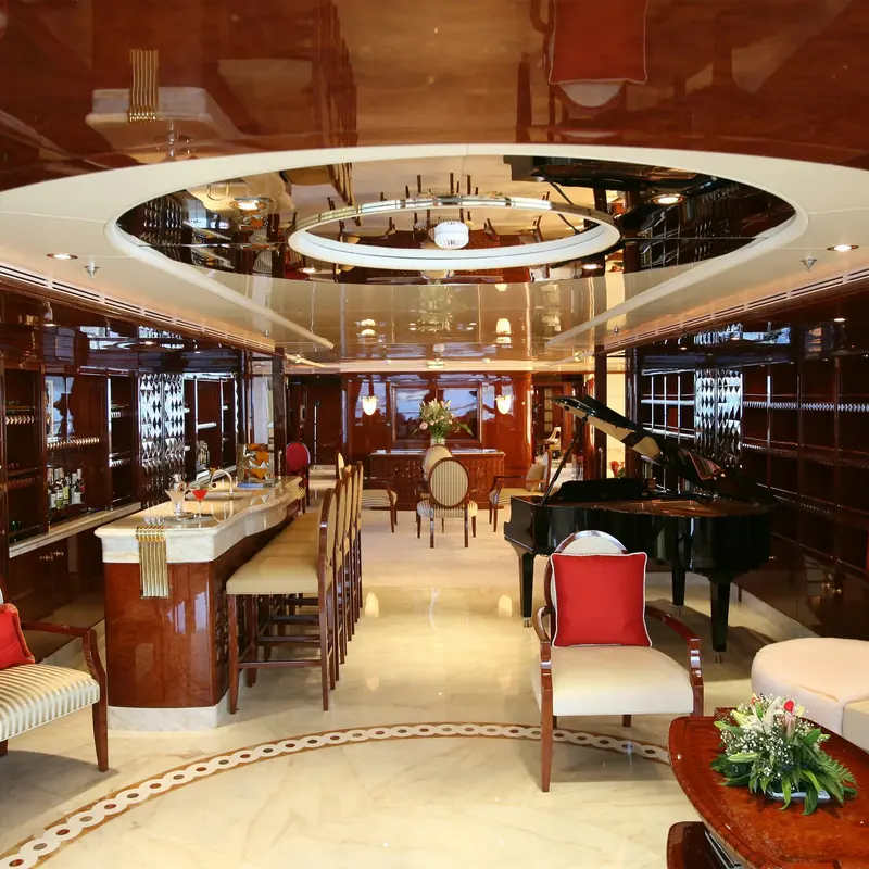 The art deco main saloon Francois Zuretti drew for the 65 metre Benetti Ambrosia, its bar and grand piano set inside a mirrored oval ceiling.
