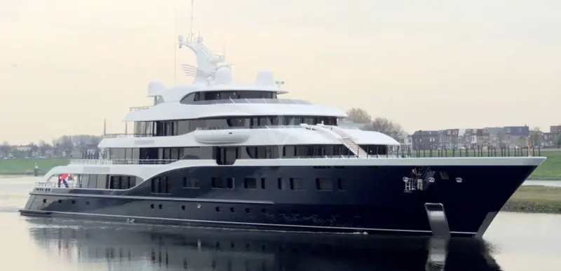Symphony on the water at Feadship's yard shortly after launch, briefly the largest yacht ever built in the Netherlands.