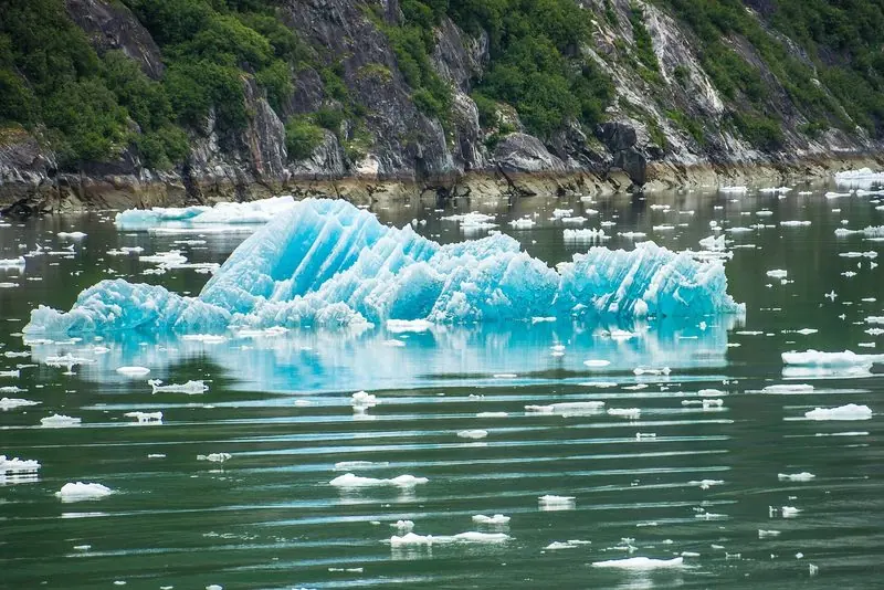 Blue glacier ice floats in the fjord below the rock walls, with smaller pieces littering the water all round it.