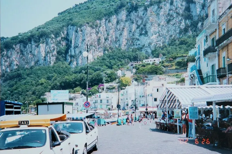 The waterfront at Marina Grande, where taxis and the funicular take guests up to Capri town.