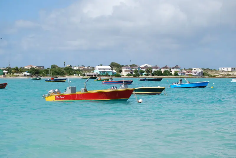 Local fishing boats moored off Island Harbour, the working anchorage on Anguilla's northeast coast.