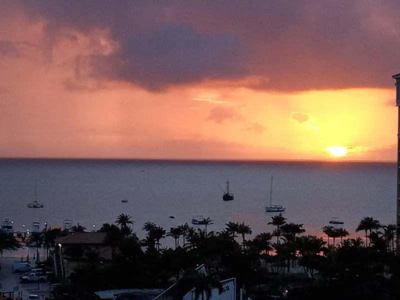 Sunset over the Oranjestad roadstead, sailboats and a fishing boat riding at anchor off the palm-lined shore.