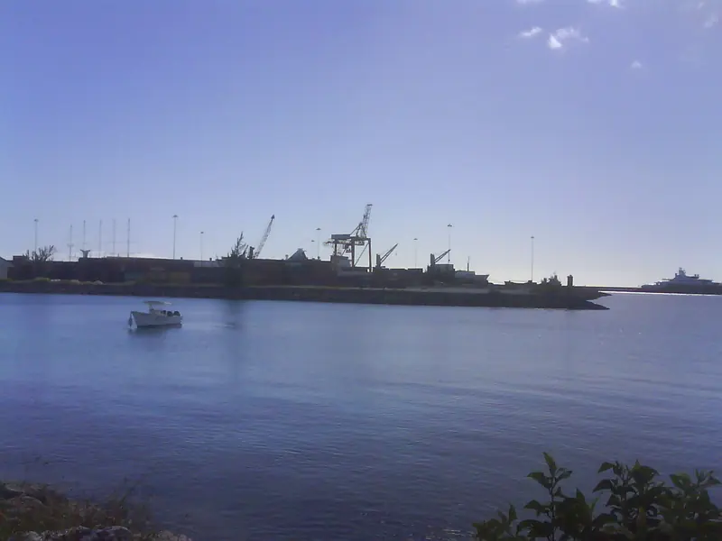 Deep Water Harbour's cargo cranes and moored shipping, seen from the Spring Garden Highway with a small boat anchored in the foreground channel.
