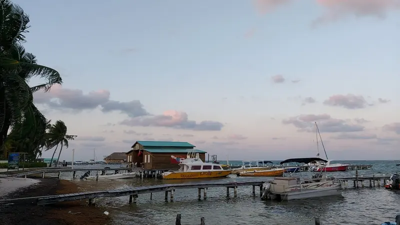 Dive boats and small jetties line Barrier Reef Drive in San Pedro, the everyday traffic of Ambergris Caye's reef-diving trade.