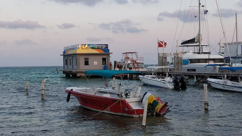 A fuel float and dive boats share a San Pedro dock, a catamaran and sportfisherman rafted alongside under the dive flag.