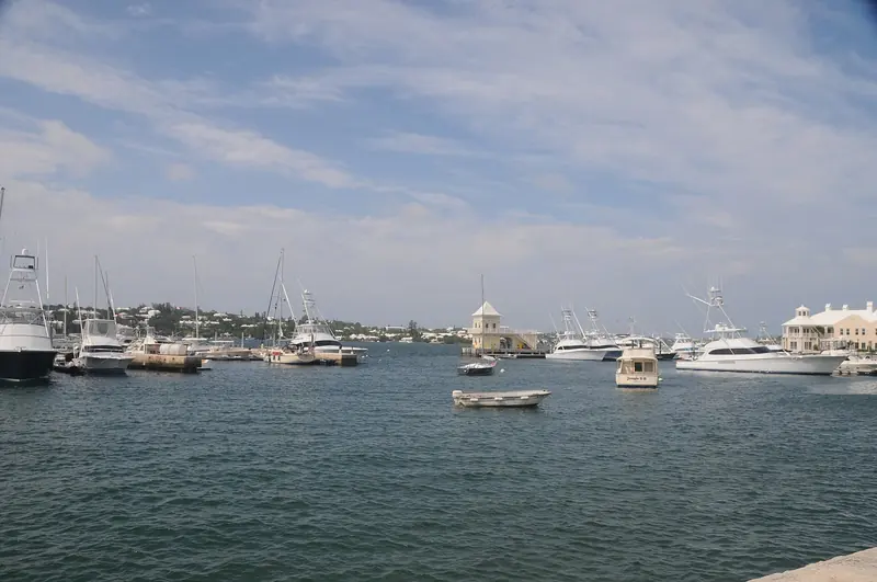 Sportfishing boats and sailing yachts moored in Hamilton Harbour, the deep natural anchorage that serves Bermuda's capital and main commercial port.