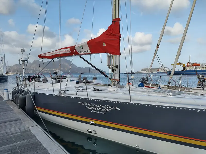 Maiden, the 1989 Whitbread Round the World entry now sailing for the Maiden Factor, alongside in Mindelo in November 2022.
