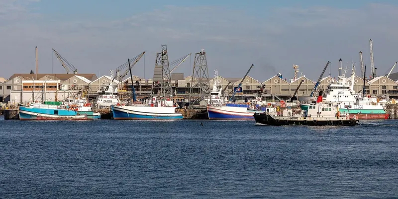 Commercial and fishing vessels crowd the working harbour, cranes and quay buildings lining the far side.