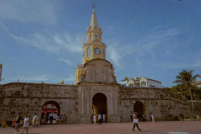 The Puerta del Reloj, the clock tower gate that was the main entrance through the walls into the old walled city, seen from the Plaza de la Paz side.