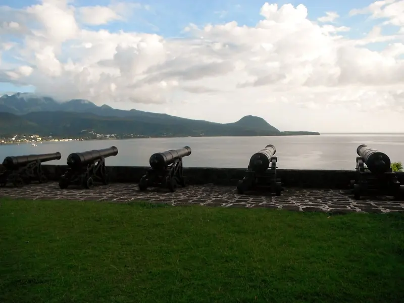 Cannons still line the ramparts at Fort Shirley in Cabrits National Park, looking out over the anchorage at Prince Rupert Bay.