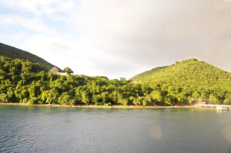 Dense rainforest runs down to the water at the Cabrits headland, the green interior that gives Dominica its name, the Nature Island.
